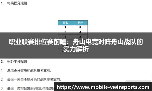 职业联赛排位赛前瞻：舟山电竞对阵舟山战队的实力解析